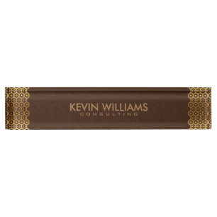 Brown Leather Gold Border Frame Nameplate