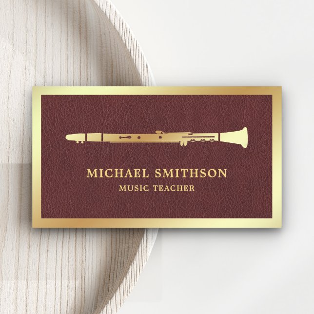 Brown Leather Gold Foil Clarinet Music Teacher Business Card (Creator Uploaded)
