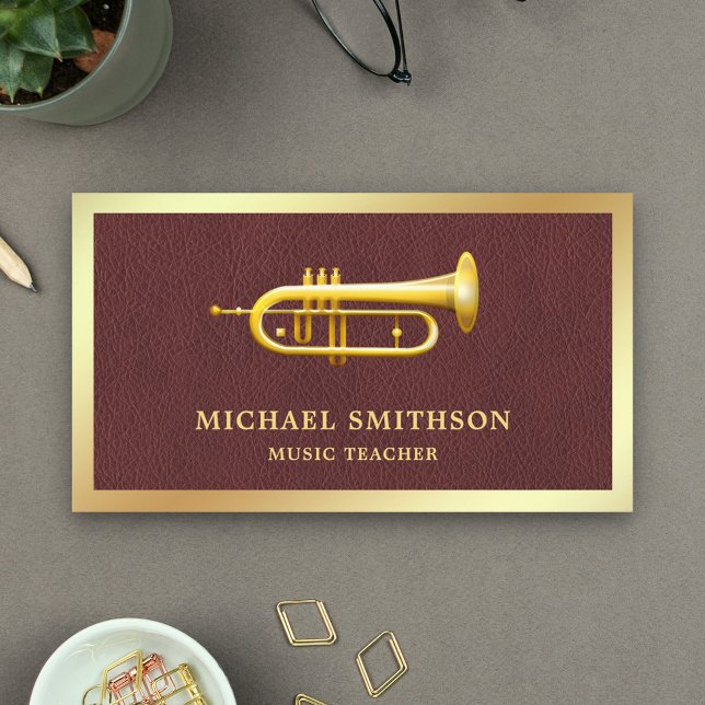 Brown Leather Gold Foil Trumpet Music Teacher Business Card (Creator Uploaded)