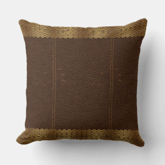 Brown Leather & Gold Geometric Border Cushion