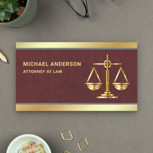 Brown Leather Gold Justice Scale Lawyer Attorney Business Card