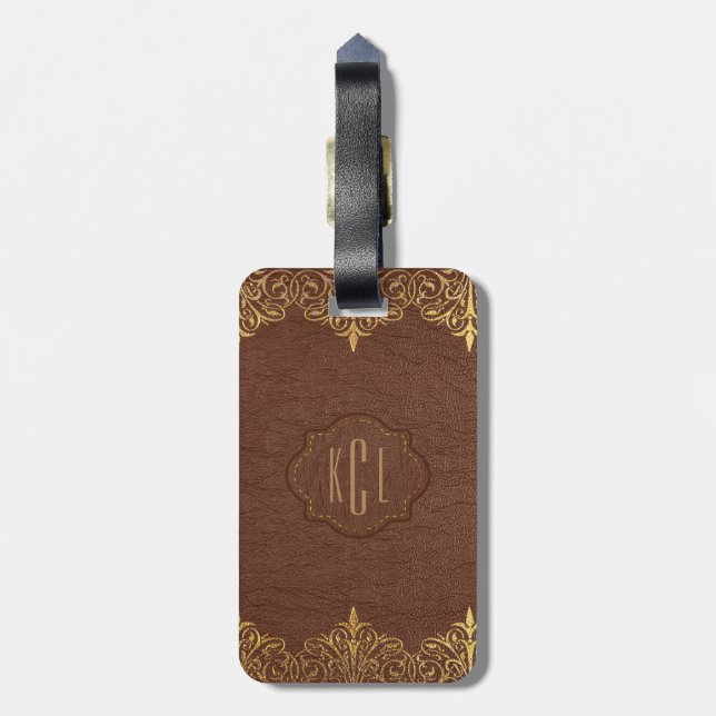 Brown Leather Gold Lace Accents Luggage Tag (Back Vertical)
