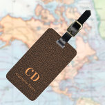Brown leather gold monogram name luggage tag<br><div class="desc">Brown faux leather print as background. Personalise and add your monogram letters and full name on the front. Your contact information on the back.  Golden text.</div>