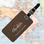 Brown leather gold monogram name luggage tag<br><div class="desc">Brown faux leather print as background. Personalise and add your first name,  monogram letters and full name on the front. Your contact information on the back.  Golden text.</div>