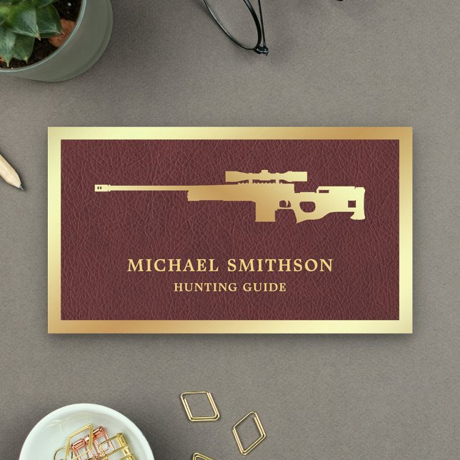 Brown Leather Gold Sniper Rifle Gun Shop Gunsmith Business Card (Creator Uploaded)