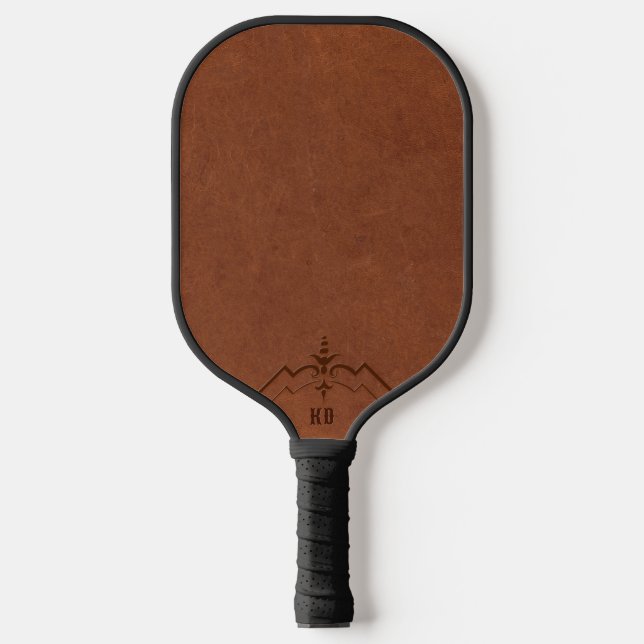 Brown Leather Image Custom Monogram Pickleball Paddle (Front)