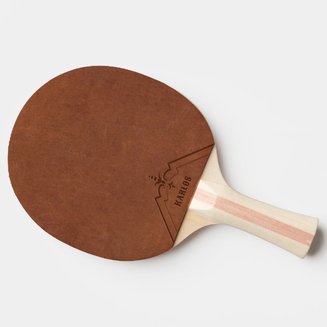 Brown Leather Image Custom Monogram Ping Pong Paddle (Side)