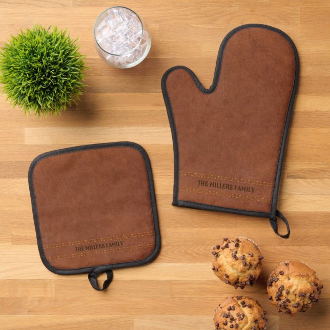 Brown Leather Image Custom Text Oven Mitt & Pot Holder Set (Top Down)