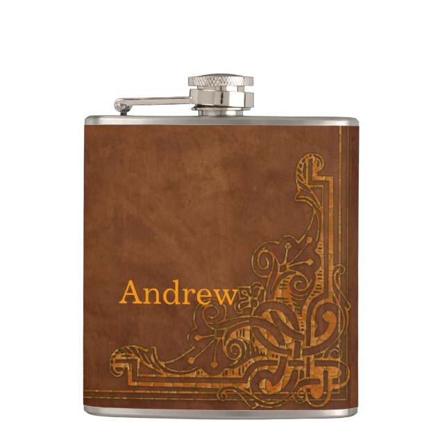 Brown Leather-like Graphic Embossed Monogram Hip Flask (Front)
