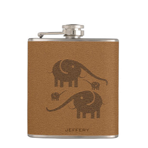 Brown Leather Look Elephant Illustration Hip Flask