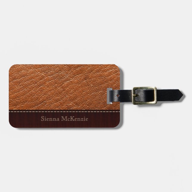 Brown Leather Look Luggage Tag (Front Horizontal)