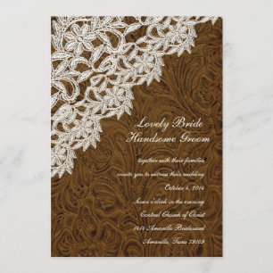 Brown Leather Look White Lace Wedding Invitation