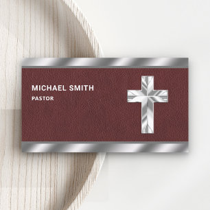 Brown Leather Metallic Jesus Christ Cross Pastor Business Card