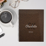 Brown leather monogram initials name 2024 planner<br><div class="desc">A brown faux leather photo as background and white text. Personalise and add your monogram initials,  first name,  full name and a year.</div>