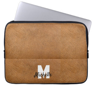 Brown leather personalized name monogram  laptop sleeve