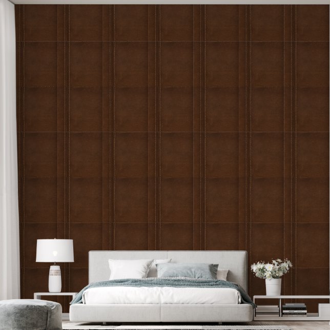Brown Leather Print with Stitching  Wallpaper (Bedroom)