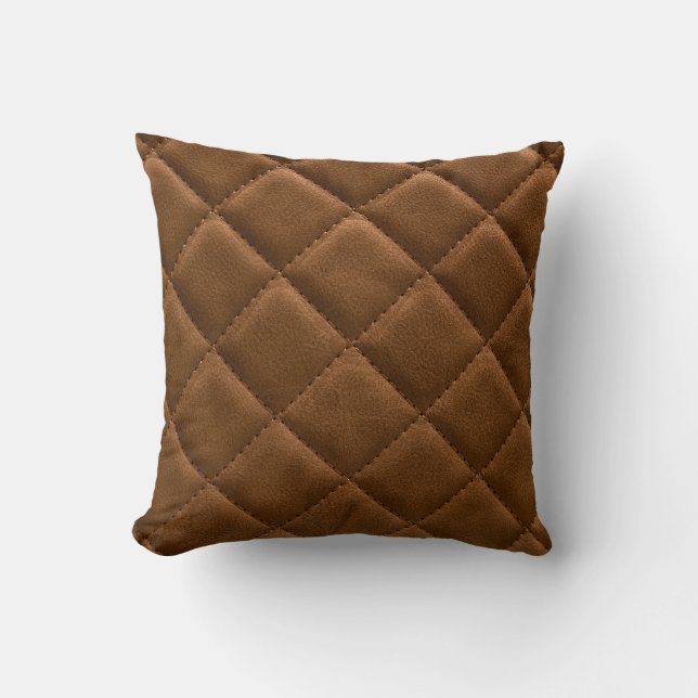 Brown leather, rhombus pattern drawing cushion (Front)