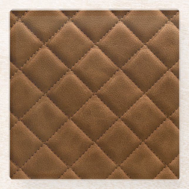 Brown leather, rhombus pattern drawing glass coaster (Front)
