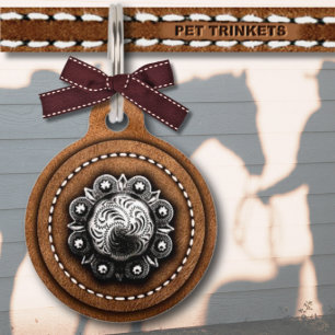 Brown Leather Silver Concho Country Western Pet Tag