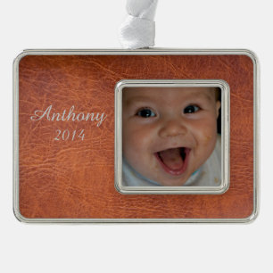 Brown leather silver plated framed ornament