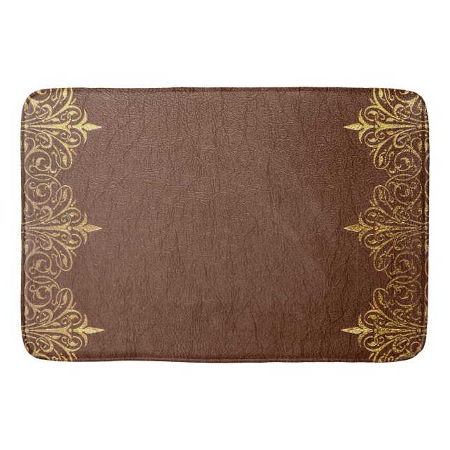 Brown Leather Texture Print Gold Border Bath Mat (Front)