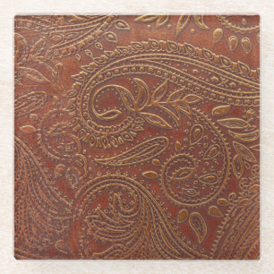 Brown leather, tooled floral pattern. glass coaster