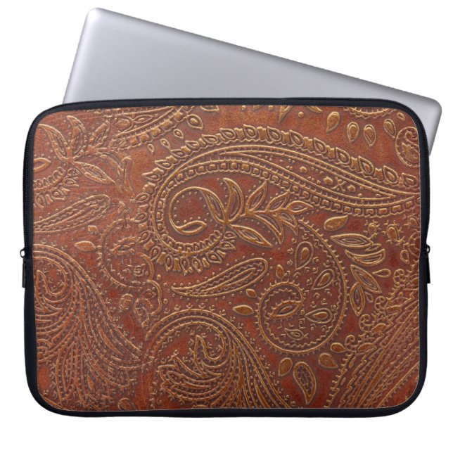 Brown leather, tooled floral pattern. laptop sleeve (Front)