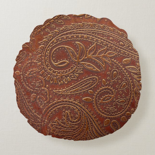 Brown leather, tooled floral pattern. round cushion (Front)