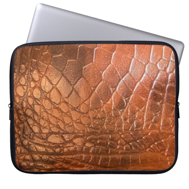 Brown leather with a pattern in the form of a scal laptop sleeve (Front)