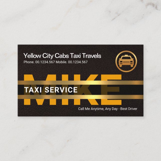 Brown Leather Yellow Taxi Gold Name Placard Business Card (Front)