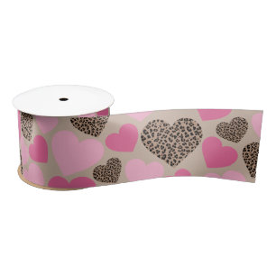 Brown Leopard and Pink Hearts Satin Ribbon