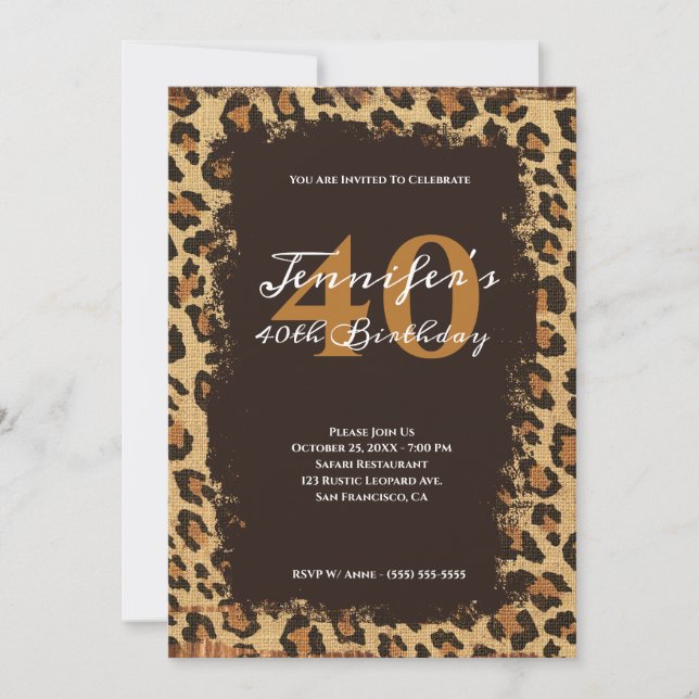 Brown Leopard Burlap Grunge 40th Birthday Invitation (Front)