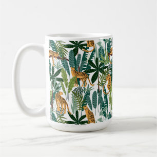 Brown leopard in tropical lush jungle leaves coffee mug