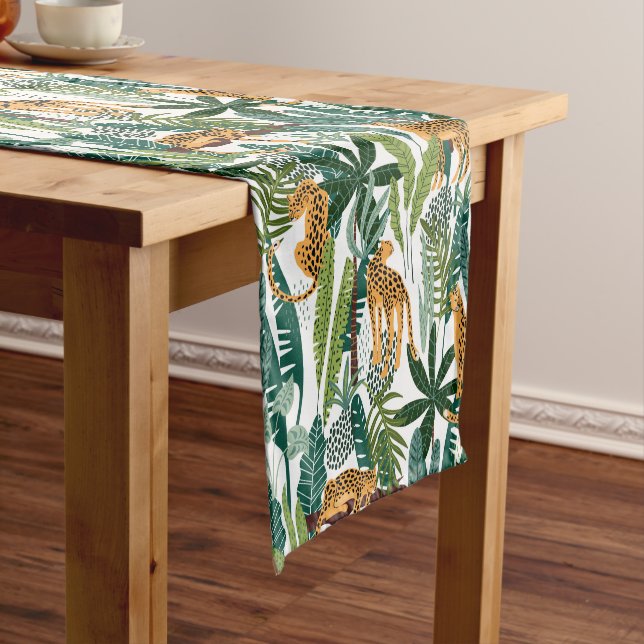 Brown leopard in tropical lush jungle leaves short table runner (In Situ)
