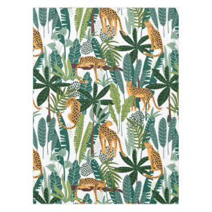 Brown leopard in tropical lush jungle leaves tablecloth