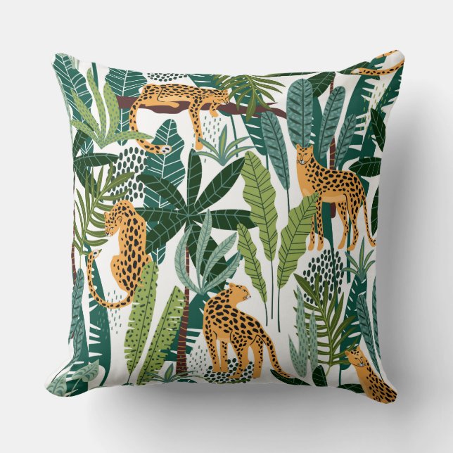 Brown leopard in tropical lush jungle leaves wrapp cushion (Front)
