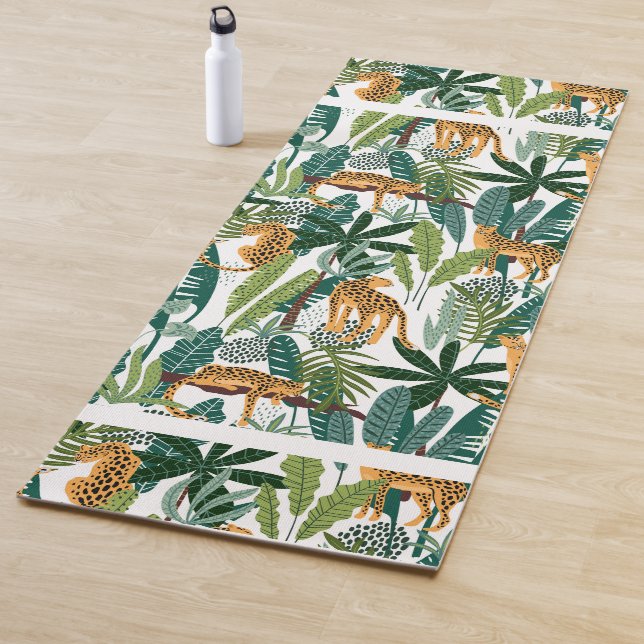 Brown leopard in tropical lush jungle leaves  yoga mat (In Situ)