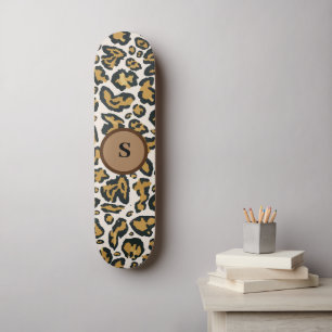 Brown Leopard Pattern Initial Monogram Skateboard
