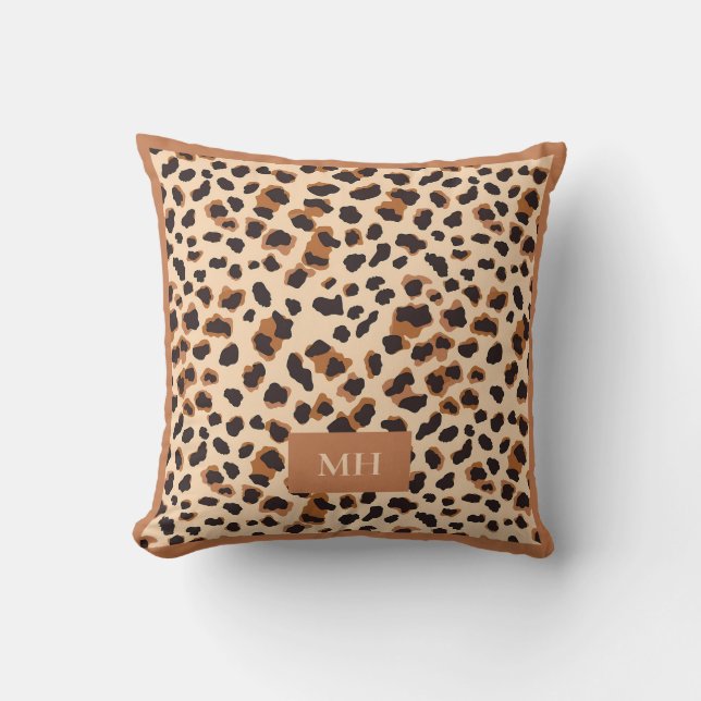 Brown Leopard Pattern Modern Initials Monogram Cushion (Front)