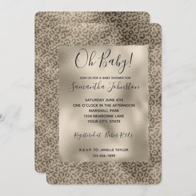 Brown Leopard Print Gold Glitter sparkle Invitation (Front/Back)
