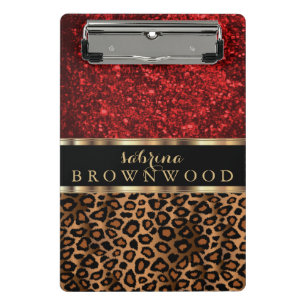 Brown Leopard Skin Pattern and Red Glitter Mini Clipboard