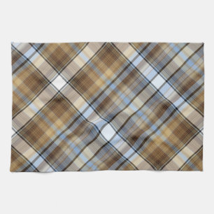Brown, light blue and white tartan design tea towel