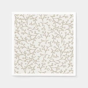 Brown Line Art Botanical Berry Vine Pattern on Cre Napkin