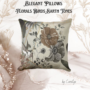 Brown, Linen, Grey Flowers Birds Cushion