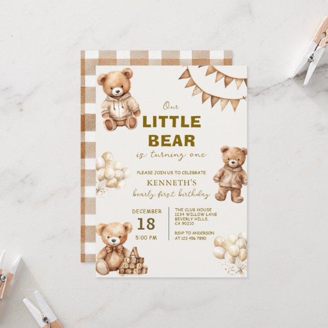 Brown Little Bear is Turning One Birthday Party Invitation (Front/Back In Situ)