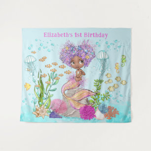 Brown Little Mermaid Under the Sea Backdrop Tapestry