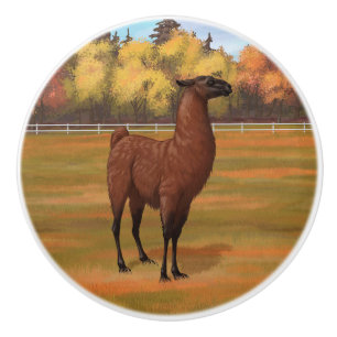 Brown Llama in Autumn Farm Pasture Ceramic Knob