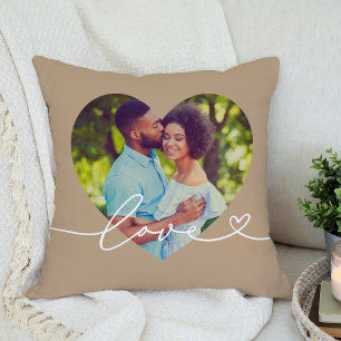 Brown Love Script Heart Photo Couple Cushion