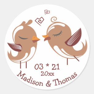 Brown Lovebirds Personalised Wedding Love Classic Round Sticker