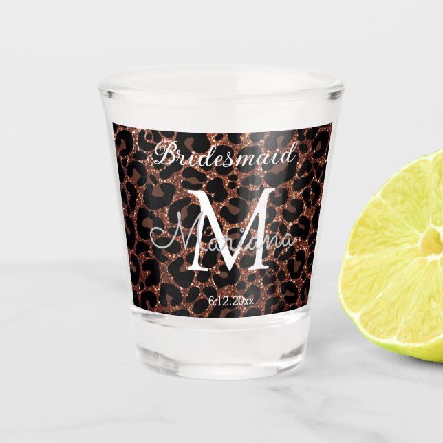 brown luxury leopard pattern bridesmaid monogram shot glass (Front)